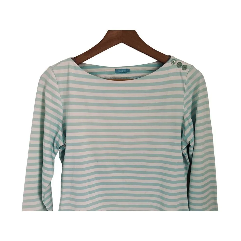 J. McLaughlin Top Crewneck Shoulder Buttons Tunic Green White Stripes Sweater SM - Picture 2 of 6